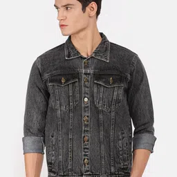 VOXATI Men Grey Washed Longline Denim Jacket with Embroidered-picture-26