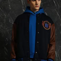 Breakbounce Navy Blue Mock Collar Longline Bomber Jacket with Embroidered image 1