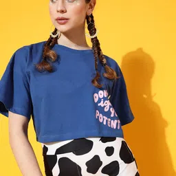 STREET 9 Women Blue Printed Bio Finish Oversized  Pure Cotton Crop T-shirt-image-24