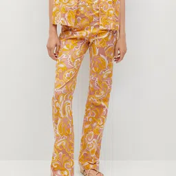MANGO Women Mustard Yellow & White Pure Cotton Ethnic Printed Trousers-picture-11