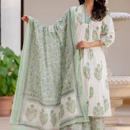 SINSINI Women Floral Printed Pleated Pure Cotton Kurta with Trousers & With Dupatta-picture-36