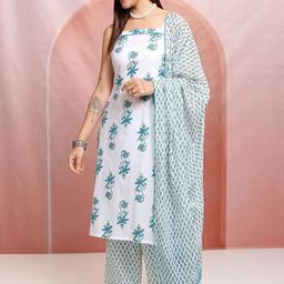 Vishudh White Printed Shoulder Straps Pure Cotton Straight Kurta With Trousers & Dupatta-picture-43