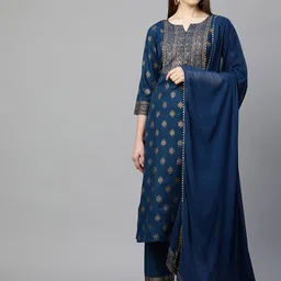 GoSriKi Women Blue Ethnic Motifs Printed Kurta with Trousers & With Dupatta-picture-26