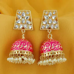 Sukkhi Gold Plated Dome Shaped Kundan Meenakari Jhumkas-picture-22