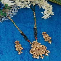 MANSIYAORANGE Gold-Plated Stones-Studded & Beaded Mangalsutra With Earrings-picture-12