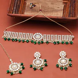 Sukkhi Gold-Plated Stone Studded & Beaded Necklace and Earrings with Maang Tika-image-29