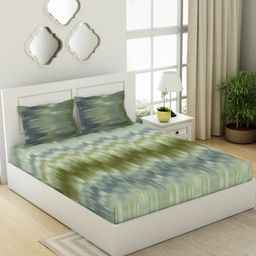 SPACES Ikkat Green & Blue Printed Pure Cotton 144 TC King Bedsheet with 2 Pillow Covers-picture-1
