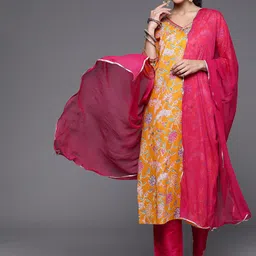 Varanga Women Yellow Printed Pure Cotton Kurta with Trousers & With Dupatta-picture-22