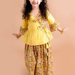 pspeaches Girls Mustard Yellow Floral Printed Angrakha Gotta Patti Pure Cotton Kurti with Palazzos-picture-19