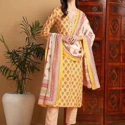 KALINI Floral Printed Straight Kurta With Trousers & Dupatta image 5
