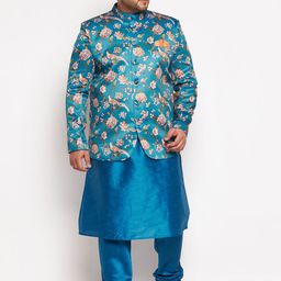 VASTRAMAY Men Turquoise Blue Kurta with Churidar-picture-22