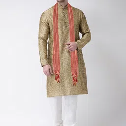 SG LEMAN Men Gold-Toned Ethnic Motifs Embroidered Raw Silk Kurta with Churidar & With Dupatta-image-32