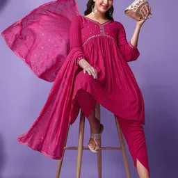 KALINI Floral Embroidered Sequined Pleated Anarkali Kurta With Dhoti Pants & Dupatta-picture-18