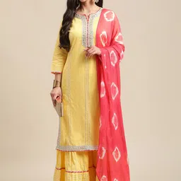 Varanga Women Yellow & Pink Gotta Patti Pure Cotton Kurta with Sharara & Shibhori Dupatta-picture-29
