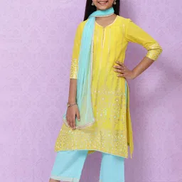 Biba Girls Yellow & Blue Ethnic Motifs Print Regular Cotton Kurta with Palazzos & Dupatta-picture-36