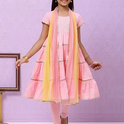 Biba Girls Pink & Silver Yoke Design Tiered Cotton Kurta with Churidar & Dupatta-image-17