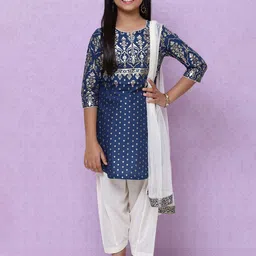 Biba Girls Navy Blue Ethnic Motifs Printed Regular Pure Cotton Kurta with Salwar & Dupatta-image-26