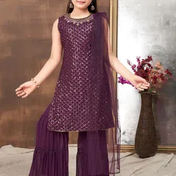 BAESD Girls Geometric Embroidered Sequinned Straight Kurta & Sharara With Dupatta-picture-50