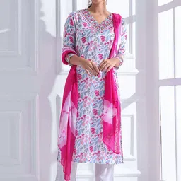 Anouk Women Floral Printed Regular Kantha Work Pure Cotton Kurta with Trousers & With Dupatta-image-99