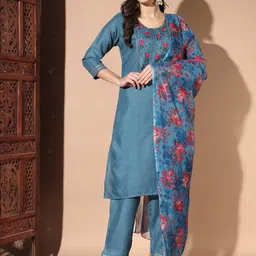 MORLY Round Neck Floral Embroidered Gotta Patti Straight Kurta with Trousers & Dupatta-picture-37