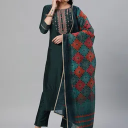 KAMI KUBI Floral Yoke Design Regular Mirror Work Kurta With Trousers & Dupatta-image-65