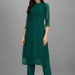 KALINI Floral Embroidered Sequinned Straight Kurta With Trousers-image-6