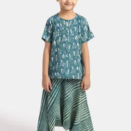THE BABY LABEL Unisex Kids Green Naturally Dyed Abstract Block Printed Pure Cotton Kurta & Harem Pants-picture-11
