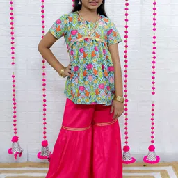M'andy Girls Floral Printed Regular Gotta Patti Pure Cotton Kurti with Sharara-picture-15