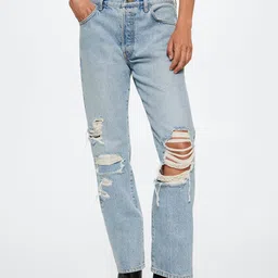 MANGO Women Blue Highly Distressed Straight Fit Low-Rise Pure Cotton Jeans-image-25