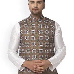 Benstoke Men Brown & White Printed Woven Nehru Jacket-picture-12