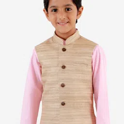 VASTRAMAY Boys Beige Woven Design Nehru Jacket image 5