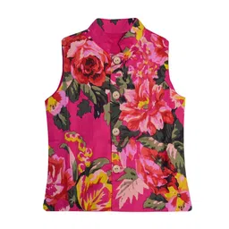 A.T.U.N. Boys Magenta & Green Floral Printed Pure Cotton Nehru Jacket image 1