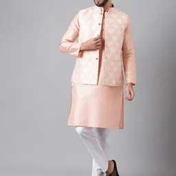 Sangria Mandarin Collar Jacquard Kurta With Pyjama & Nehru Jacket-picture-33