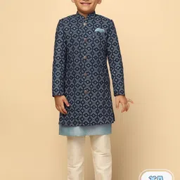 KISAH Boys Floral Printed Mandarin Collar Cotton Sherwani Set-picture-12