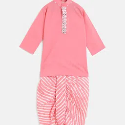 Cute Couture Boys Pink & White Solid Kurta with Leheriya Print Ready to Wear Dhoti-picture-49