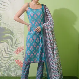 Vishudh Blue Floral Printed Pure Cotton Straight Kurta With Trousers & Dupatta-picture-11