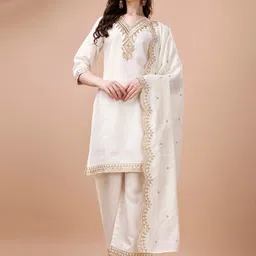 KALINI Ethnic Motifs Embroidered Regular Thread Work Kurta with Palazzo & Dupatta-image-94