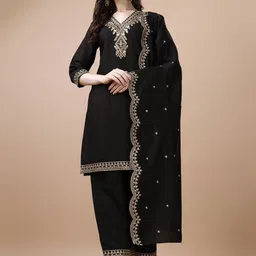 KALINI Ethnic Motifs Embroidered Thread Work Straight Kurta With Palazzos & Dupatta-picture-12