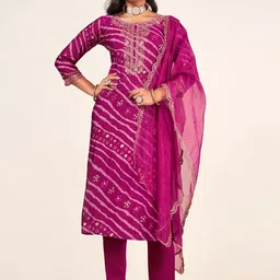Sangria Leheriya Printed Embroidered Straight Kurta With Trousers & Dupatta-picture-16