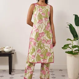 anayna Floral Printed Round Neck Thread Work Straight Kurta with Trousers-picture-12
