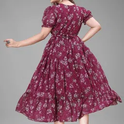 bhadani Women's Printed Georgette Regular Fit Round Neck Short Sleeve Fancy Flare Long Dress image 2