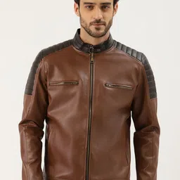 Leather Retail Men Brown Solid Leather Jacket-picture-18