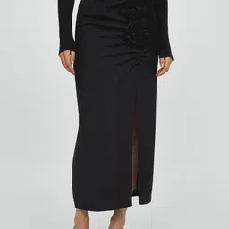 MANGO Flower-Detail Ruched Side Slit Midi Skirt-picture-30