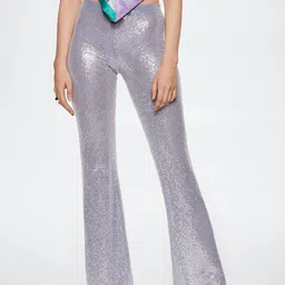 MANGO Women Grey Sequinned Flared Trousers-image-2