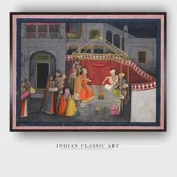 INDIAN CLASSIC ART Black & Red Wedding of Krishna's Parents Wood Framed Painting Wall Art-image-79