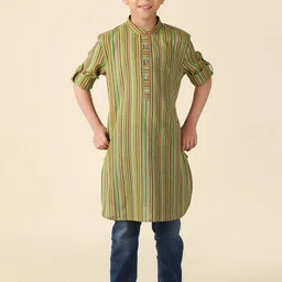 Fabindia Boys Striped Band Collar Curved Cotton Kurta-picture-32