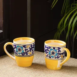ExclusiveLane Yellow & Blue Floral Print Ceramic Glossy Mugs Set of Cups and Mugs (240 ML)-picture-14