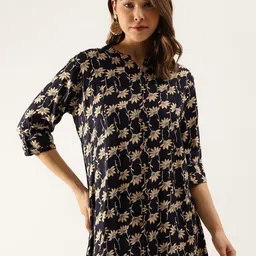Divena Floral Printed Mandarin Collar Shirt Style Longline Top-picture-10