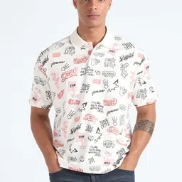 Flying Machine Men White Printed Polo Collar Tropical Pockets T-shirt-picture-34