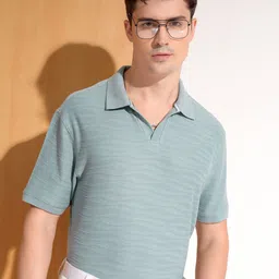 HIGHLANDER Men Blue Textured Horizontal Striped Polo Collar T-shirt-picture-33